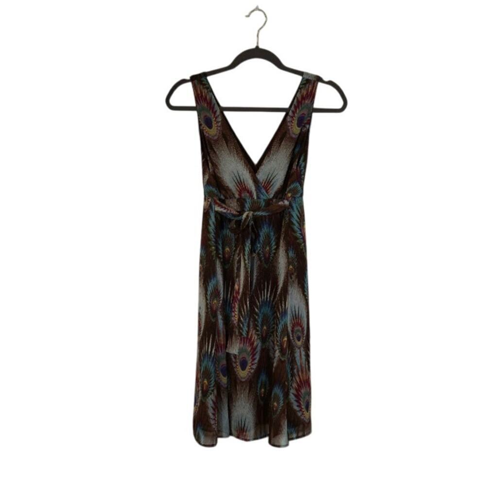 Charlotte Russe Peacock Feather Print Dress Size Small Brown Bohemian Whimsical - Picture 1 of 9